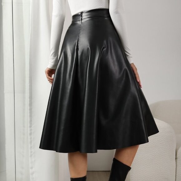 Black Preppy Womens High Waist Slant Pocket PU Skirt - Picture 5 of 5